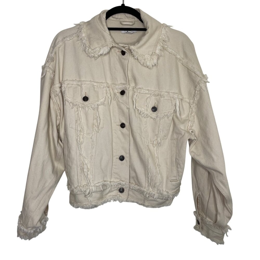 Topshop Frayed Cream Denim Jacket Womens 2 Distressed Button-Up Casual Outerwear